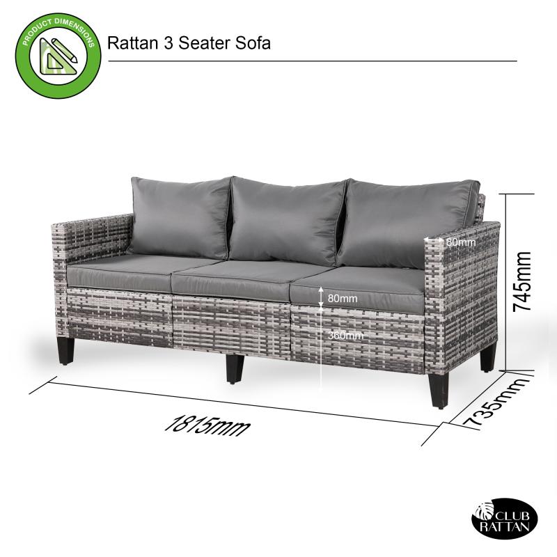 Milan Range 3-Seater Sofa in Grey Rattan and Grey Cushions