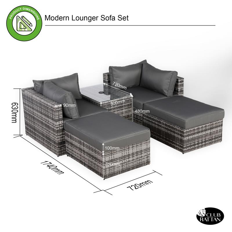 Florence Range Lounger Chaise Sofa Set with Side Table in Grey Rattan with Free Rain Cover