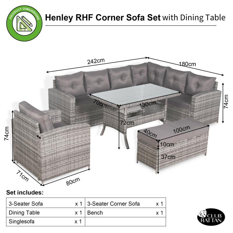 Oxford Range Elite Rhf Corner Sofa Set with Dining Table and Arm Chair in Grey Rattan