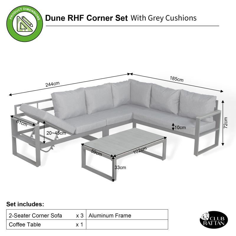 CK-03 Vancouver Range RHF Corner Set Charcoal Aluminium Frame With Grey Cushions