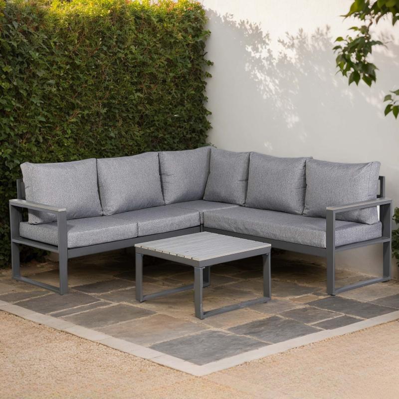 CK-01 Vancouver Range Square Corner Set Charcoal Aluminium Frame With Grey Cushions