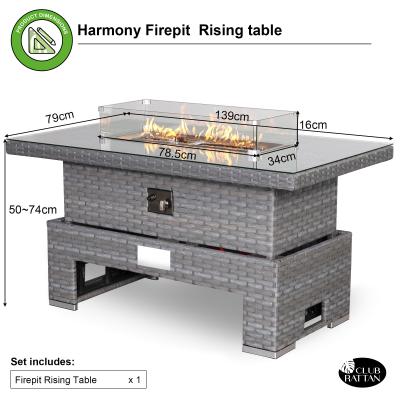Amalfi Gas Firepit Rising Table with Glass Wind Guard & Lava Rocks, 55,000 BTU