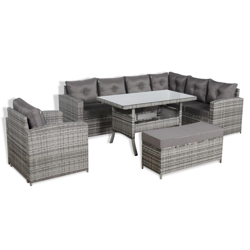 Oxford Range Elite Rhf Corner Sofa Set with Dining Table and Arm Chair in Grey Rattan