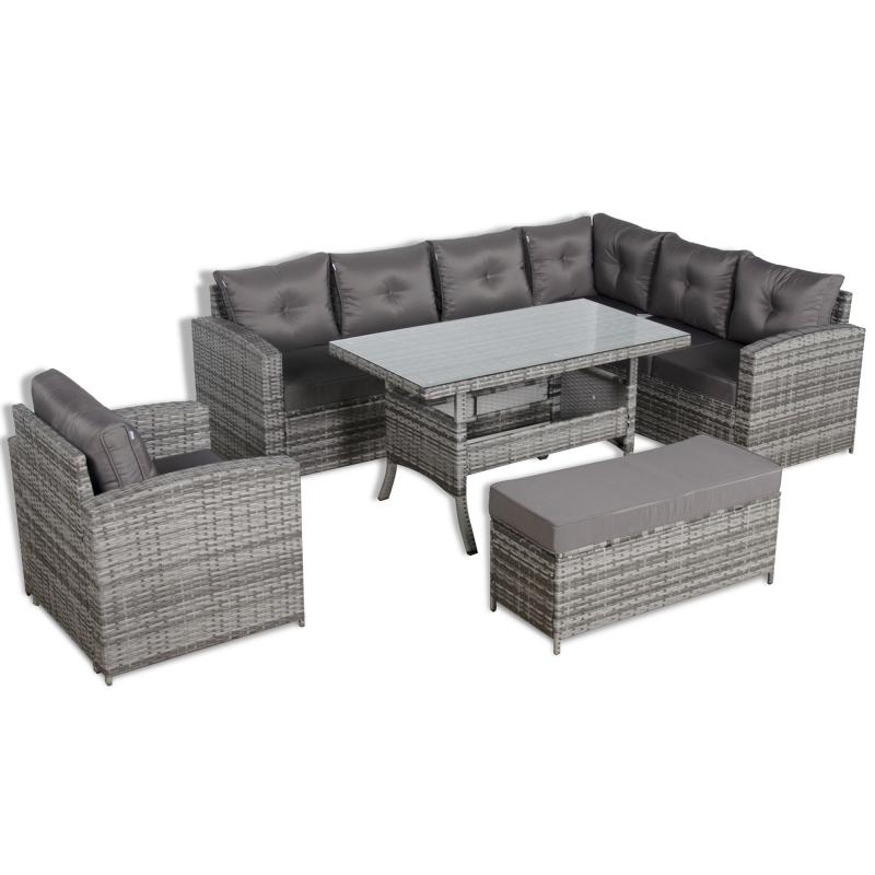 Oxford Range Elite Rhf Corner Sofa Set with Dining Table and Arm Chair in Grey Rattan