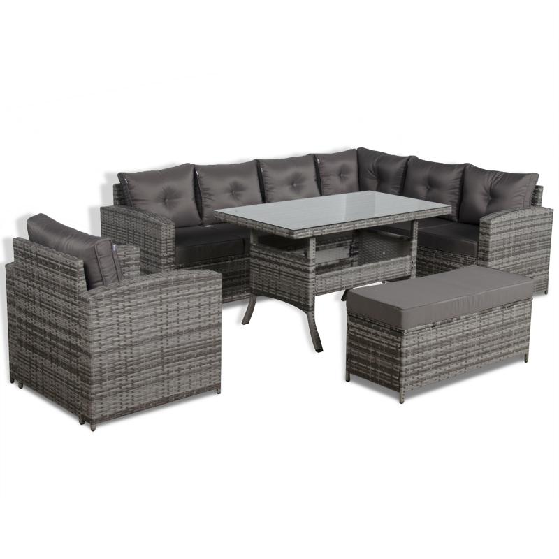 Oxford Range Elite Rhf Corner Sofa Set with Dining Table and Arm Chair in Grey Rattan
