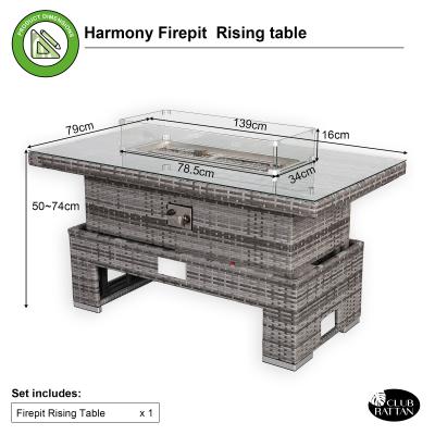 Bail Gas Firepit Rising Table with Glass Wind Guard & Lava Rocks, 55,000 BTU
