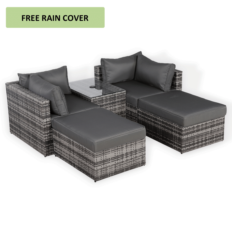 Florence Range Lounger Chaise Sofa Set with Side Table in Grey Rattan with Free Rain Cover