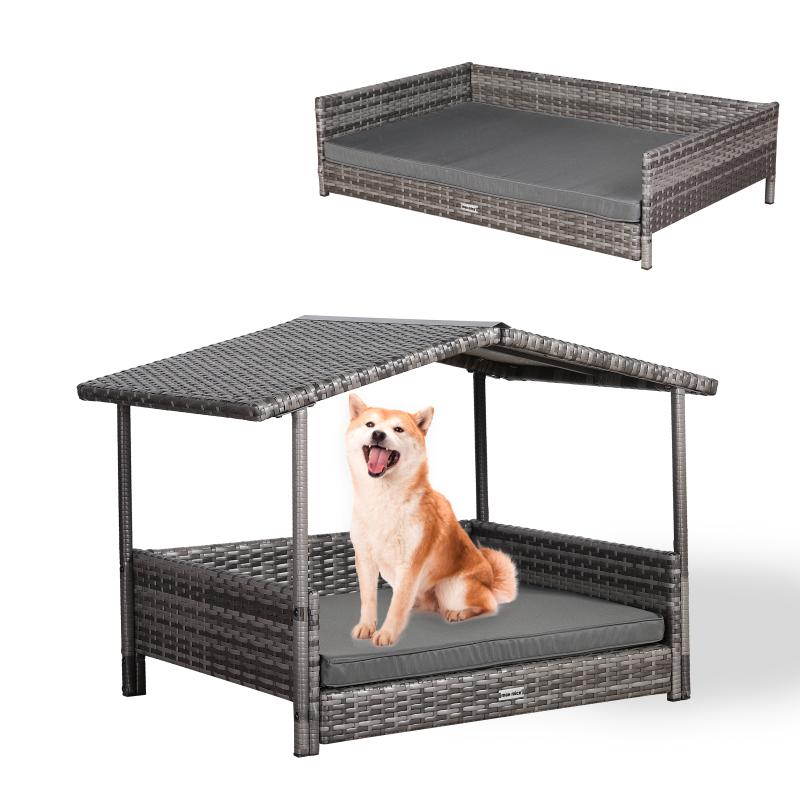 Telluria Mice Wicker Raised Dog House / Rattan Dog Bed for Indoor/Outdoor with Removable Roof and Cushion in Grey