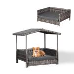Telluria Mice Wicker Raised Dog House / Rattan Dog Bed for Indoor/Outdoor with Removable Roof and Cushion in Grey