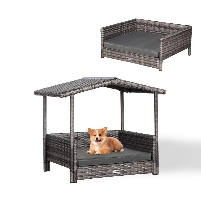 Telluria Mice Wicker Raised Dog House / Rattan Dog Bed for Indoor/Outdoor with Removable Roof and Cushion in Grey
