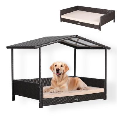 Telluria Mice Wicker Raised Dog House /Rattan Dog Bed for Indoor/Outdoor with Weatherproof Roof and Removable Cushion Lounge in Brown Weave(Z4-Large)