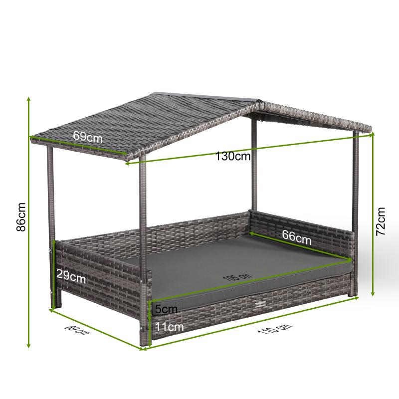 Telluria Mice Wicker Raised Dog House / Rattan Dog Bed for Indoor/Outdoor with Removable Roof and Cushion in Grey