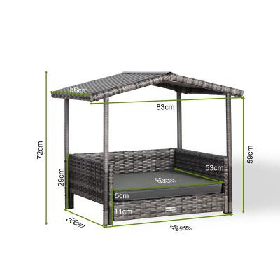 Telluria Mice Wicker Raised Dog House / Rattan Dog Bed for Indoor/Outdoor with Removable Roof and Cushion in Grey