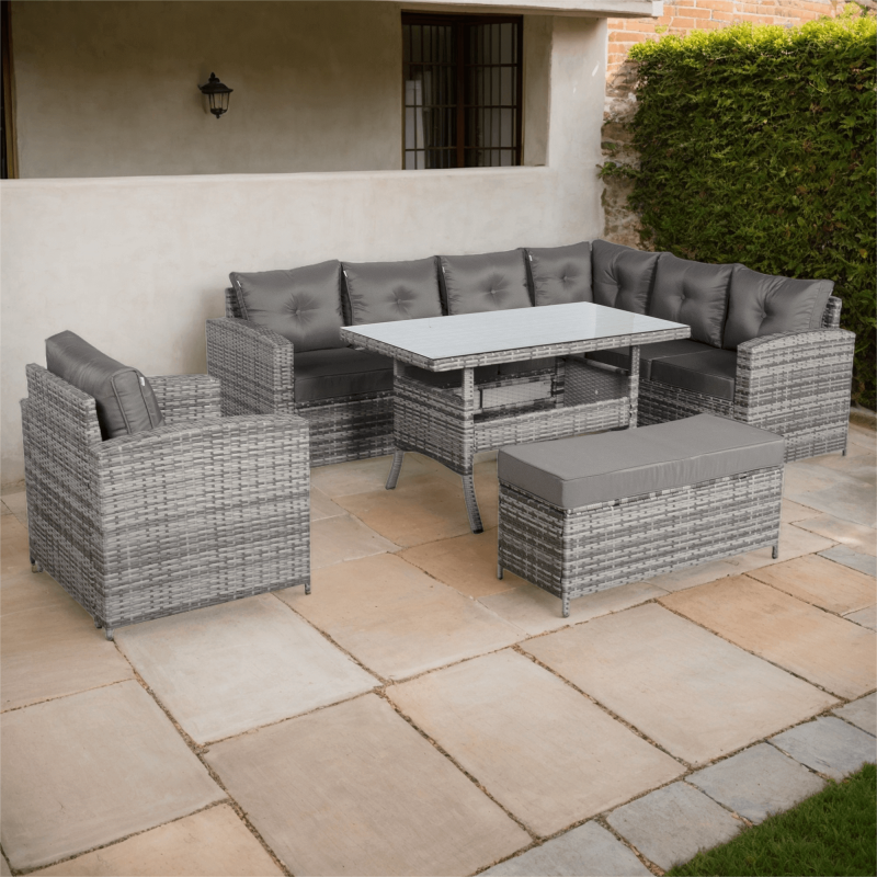 Oxford Range Elite Rhf Corner Sofa Set with Dining Table and Arm Chair in Grey Rattan