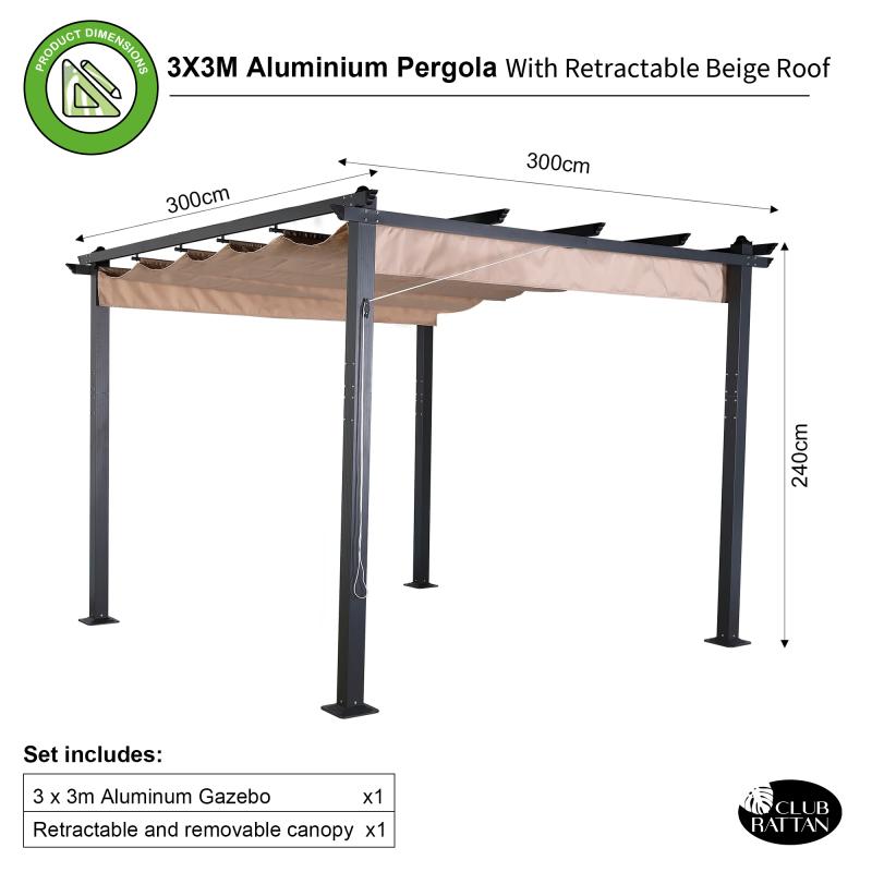 Eden 3 X 3M Aluminium Pergola With Retractable Beige Roof, Large Garden Pergola for BBQ, Outdoor and patio, in Charcoal