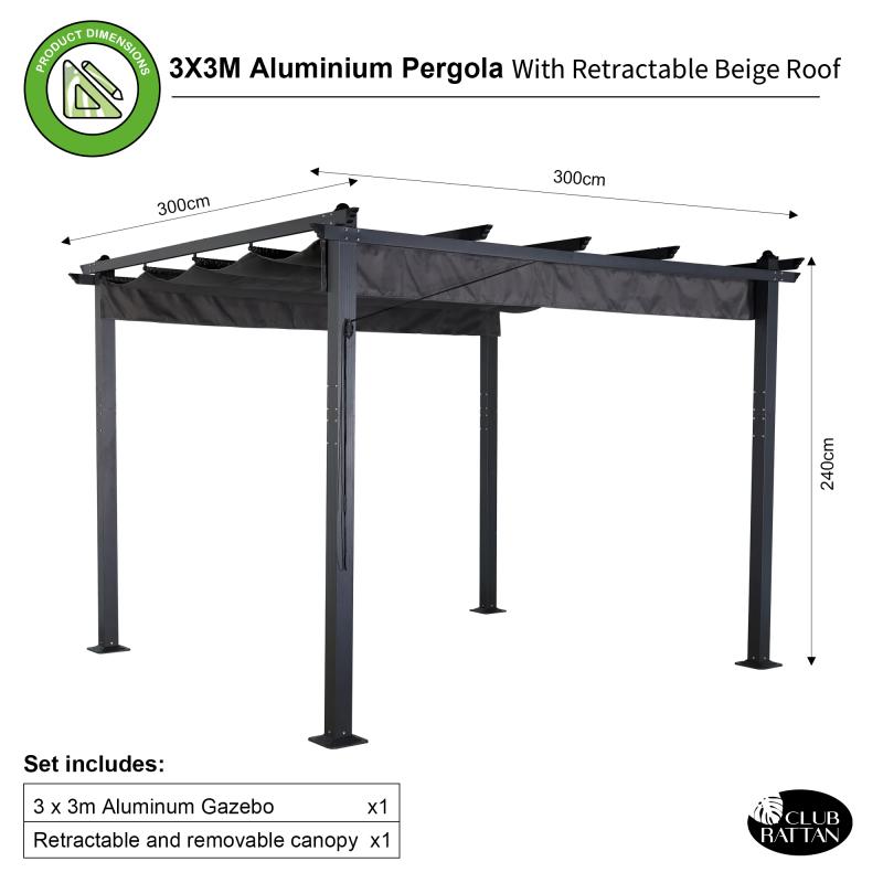 Eden 3 X 3M Aluminium Pergola With Retractable Grey Roof, Large Garden Pergola for BBQ, Outdoor and patio, in Charcoal