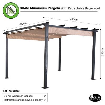 Eden 3 X 4M Aluminium Pergola With Retractable Beige Roof, Large Garden Pergola for BBQ, Outdoor and patio, in Charcoal