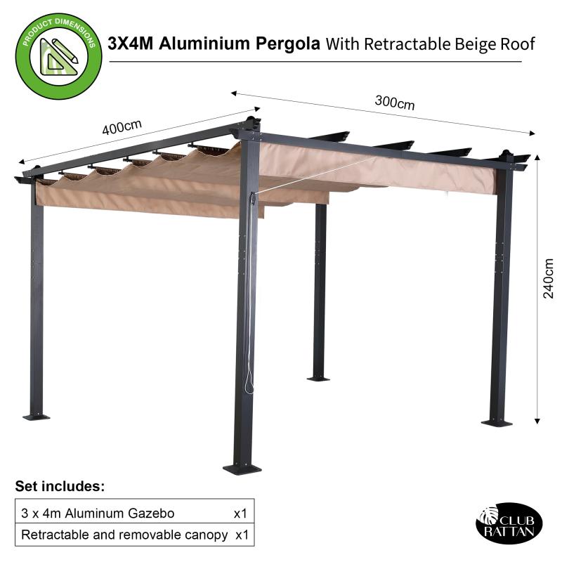 Eden 3 X 4M Aluminium Pergola With Retractable Beige Roof, Large Garden Pergola for BBQ, Outdoor and patio, in Charcoal