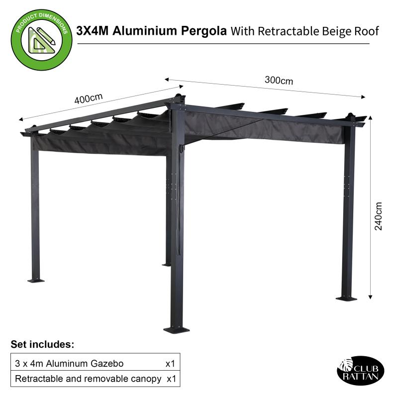 Eden 3 X 4M Aluminium Pergola With Retractable Grey Roof, Large Garden Pergola for BBQ, Outdoor and patio, in Charcoal