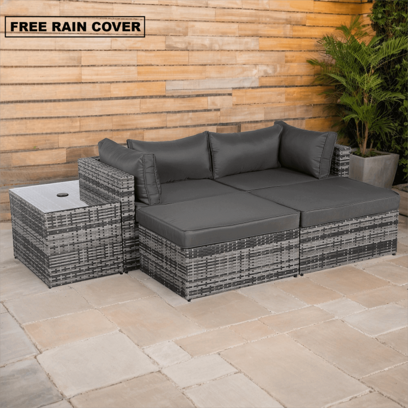Florence Range Lounger Chaise Sofa Set with Side Table in Grey Rattan with Free Rain Cover